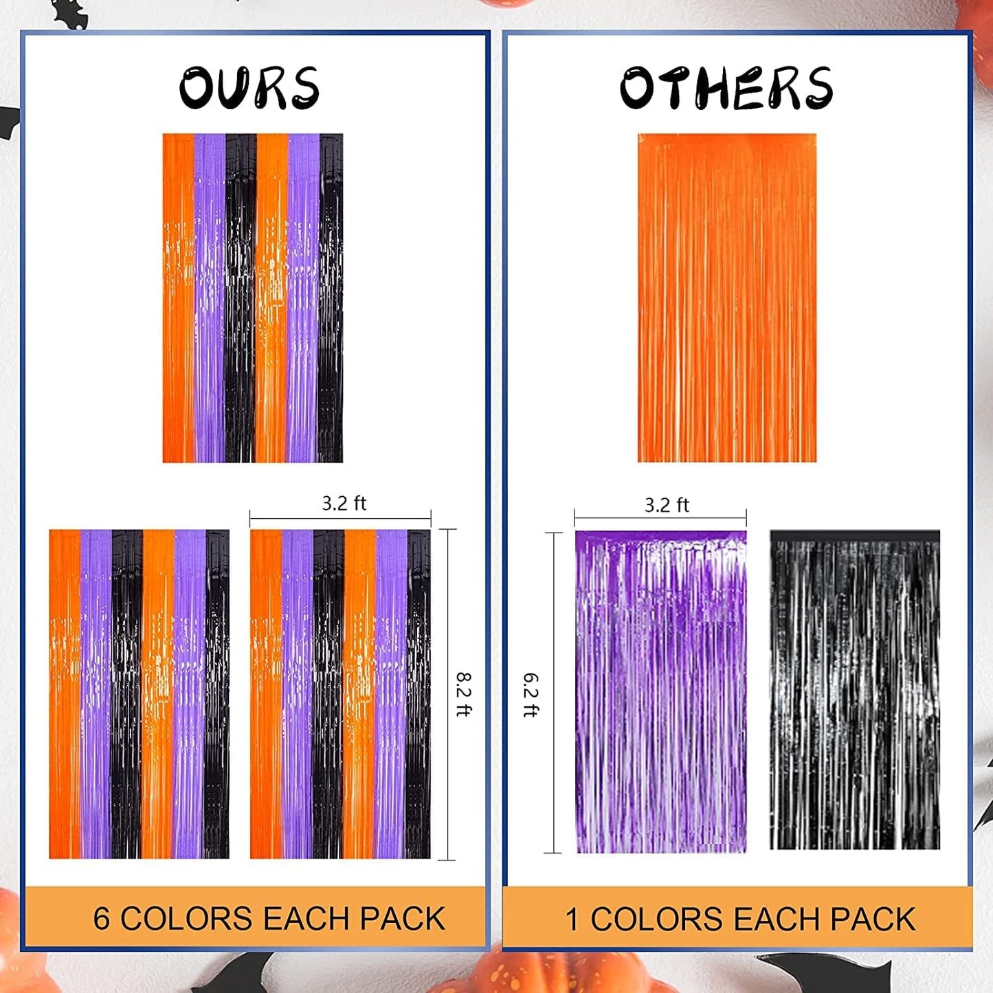 LOLStar Halloween Fringe Curtain Set – Fun Seasonal Gift for Hostess and Party Planner, Orange Purple Black Foil Tinsel 3 Pack