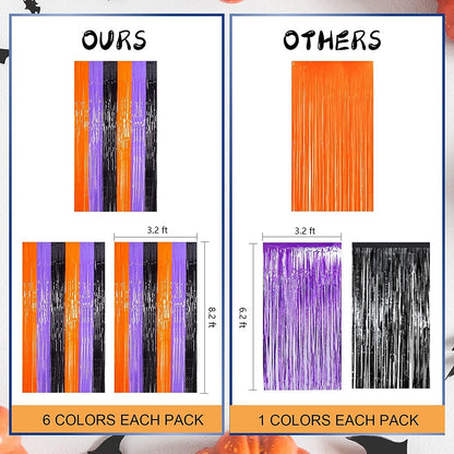 LOLStar Halloween Fringe Curtain Set – Fun Seasonal Gift for Hostess and Party Planner, Orange Purple Black Foil Tinsel 3 Pack