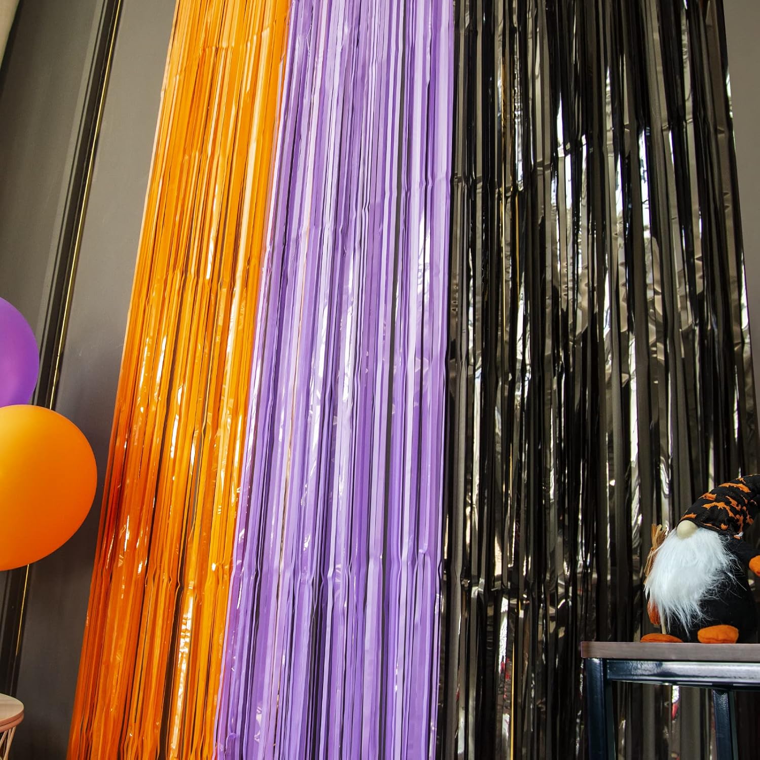 LOLStar Halloween Fringe Curtain Set – Fun Seasonal Gift for Hostess and Party Planner, Orange Purple Black Foil Tinsel 3 Pack