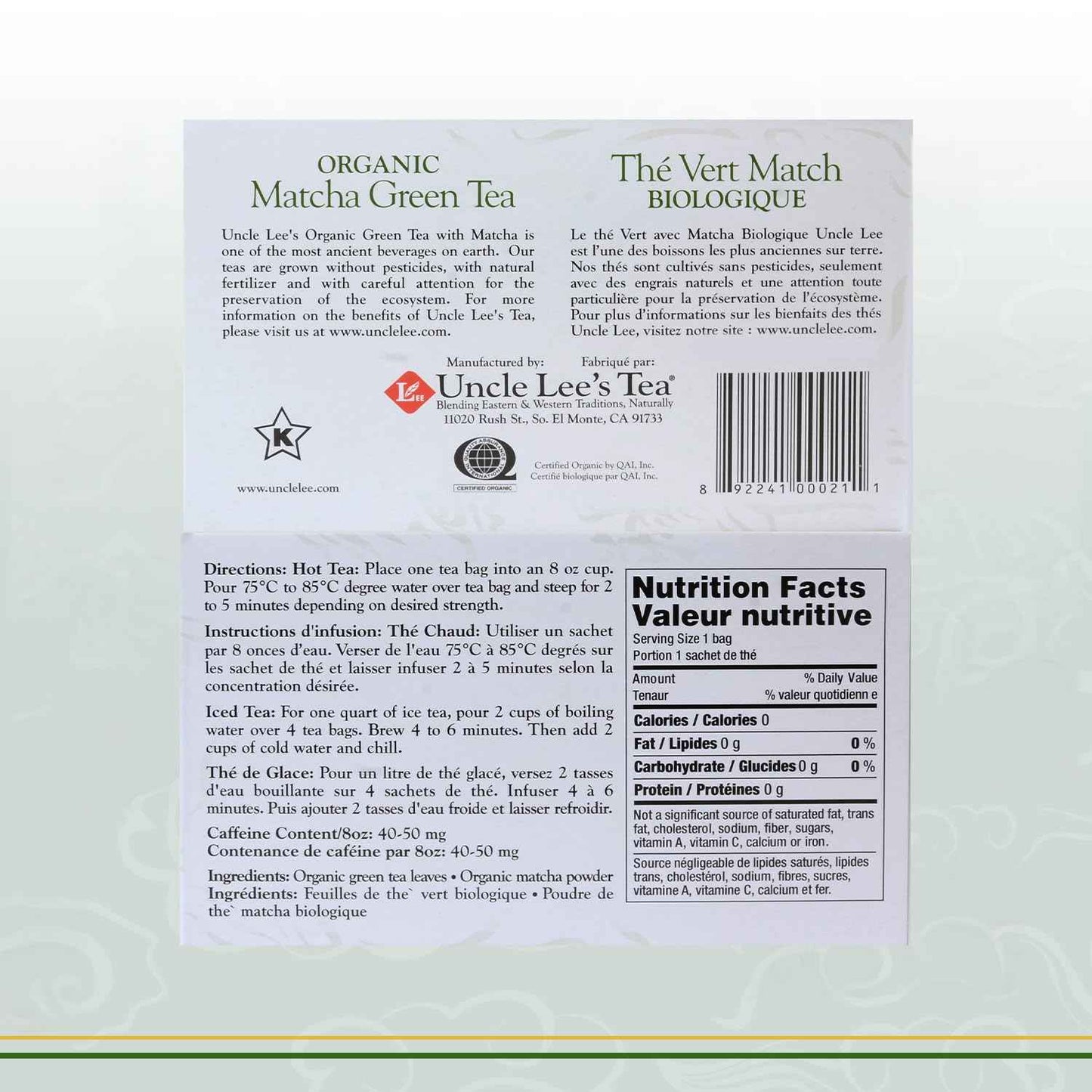 Uncle Lee's Organic Matcha Green Tea Bags – Mindful Morning Beverage for Meditation and Self-Care, 40 Count