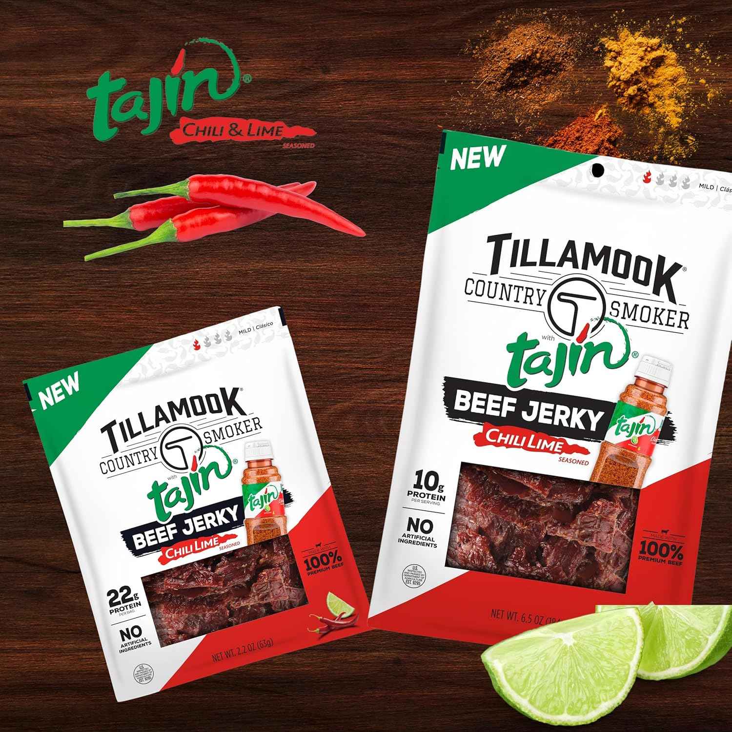 Tillamook Beef Jerky Tajin Chili Lime – Desk Friendly Low Carb Snack to Power Through Workdays, 2.2 oz Pouch