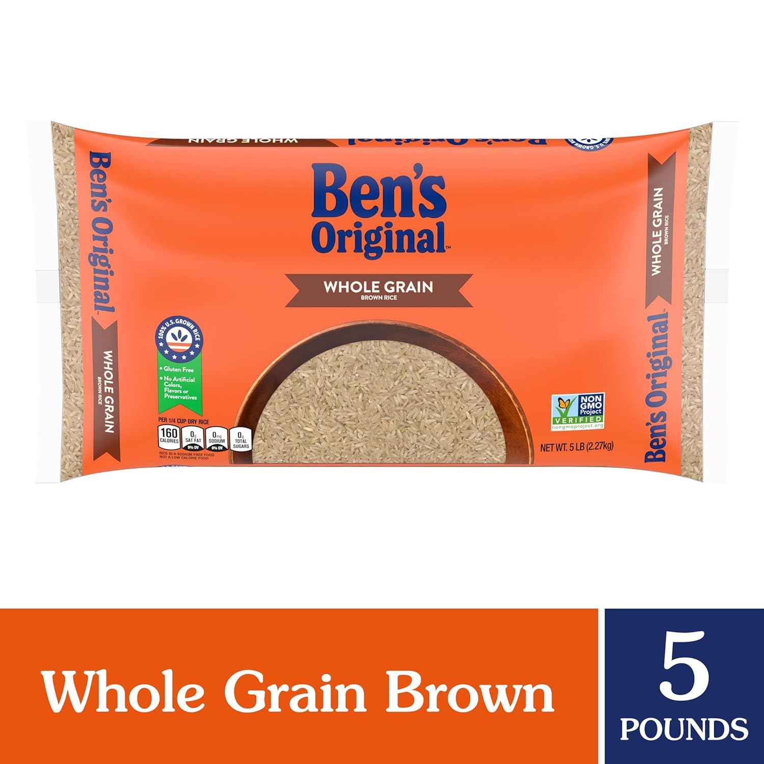 BEN'S ORIGINAL Whole Grain Brown Rice, 5 lb Bag – Low-Fat Whole Grain Side Dish for Wellness-Focused Home Cooks