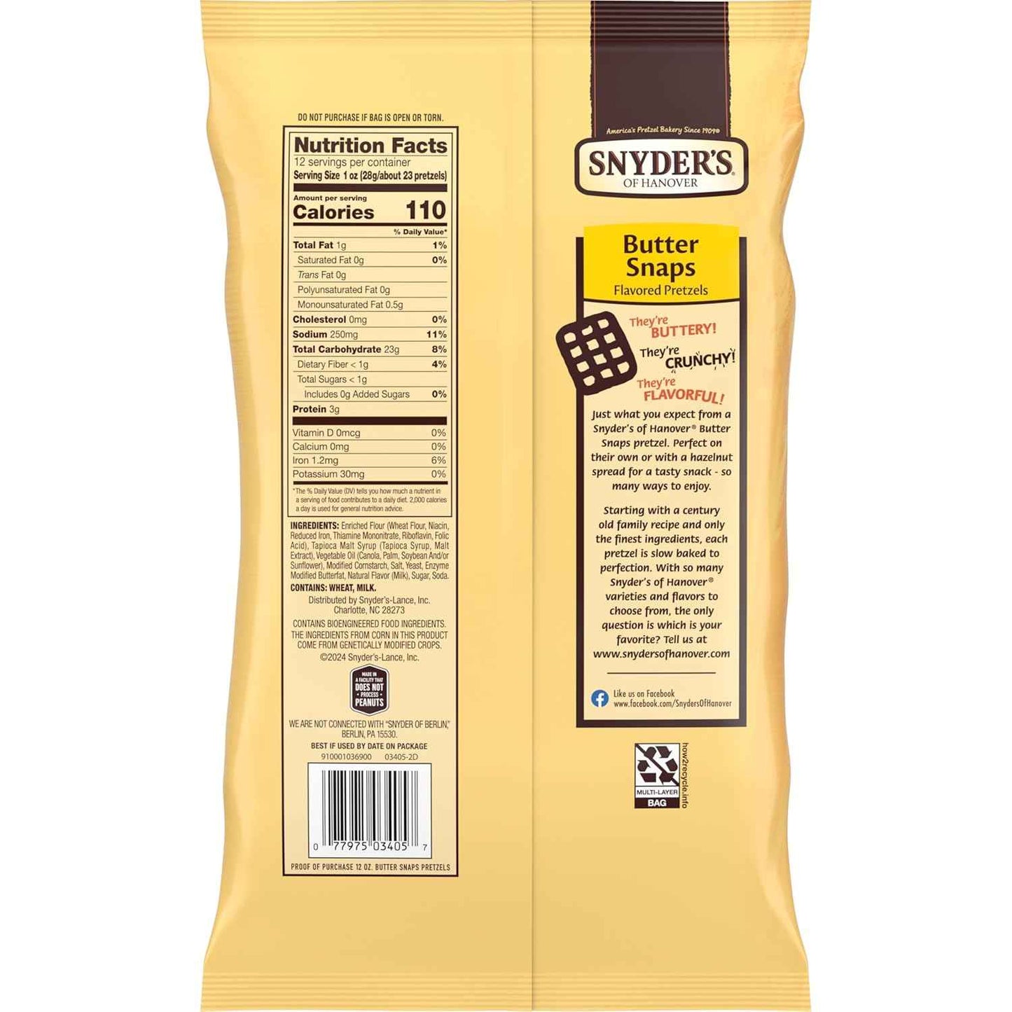 Snyder's of Hanover Butter Snaps Pretzels – Care Package Snack Gift for College Students, 3-Pack Butter Pretzels
