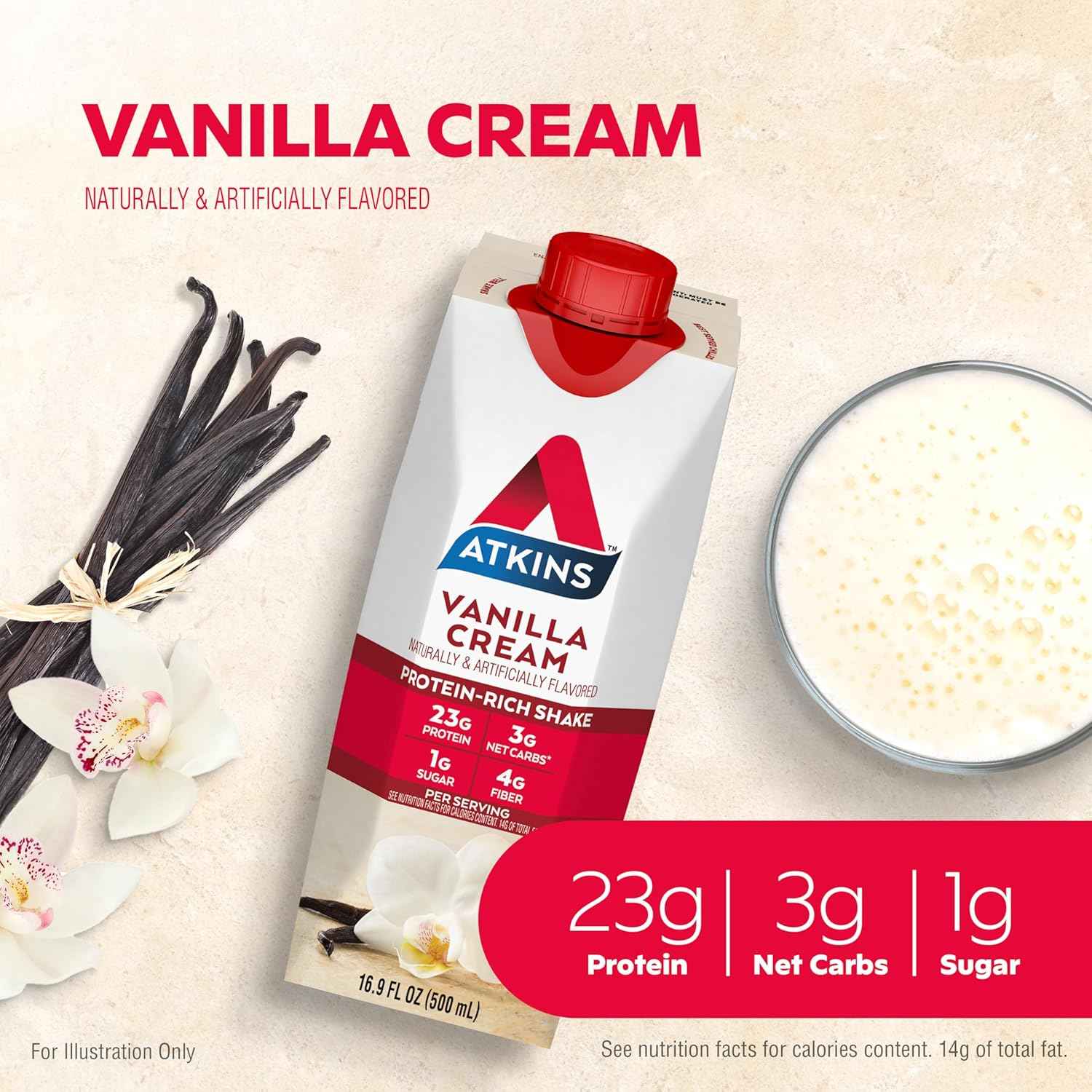 Atkins Vanilla Cream Meal Size Protein Shake – Self-Care Staple for Mindful Low-Carb Living, 23g Protein Ready-to-Drink Keto Shake