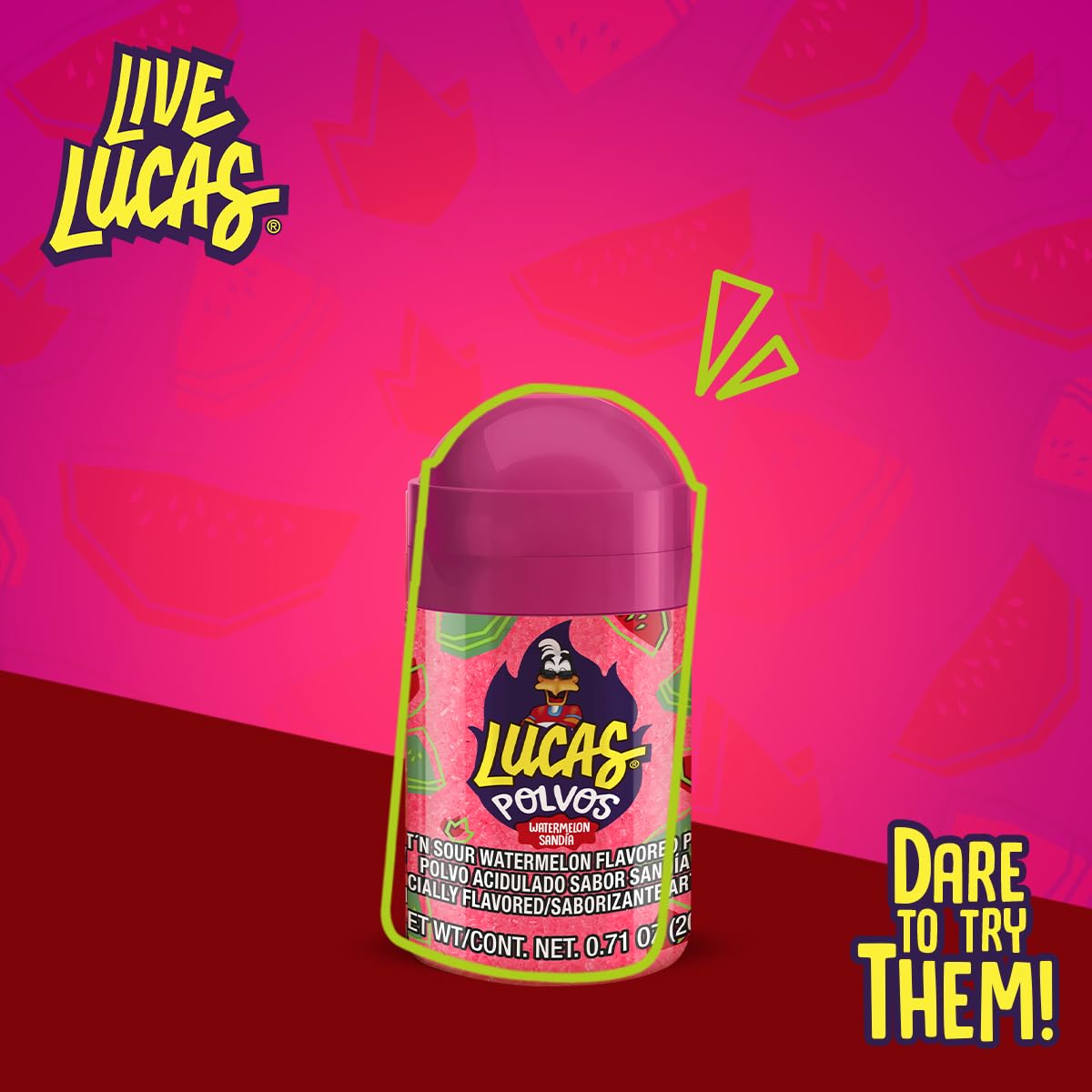 Lucas Powder Watermelon Flavored Candy – Portable Snack for Road Trips, Camping, and Park Picnics, 10 Pack of 0.71oz Bottles