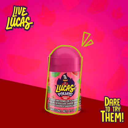 Lucas Powder Watermelon Flavored Candy – Portable Snack for Road Trips, Camping, and Park Picnics, 10 Pack of 0.71oz Bottles
