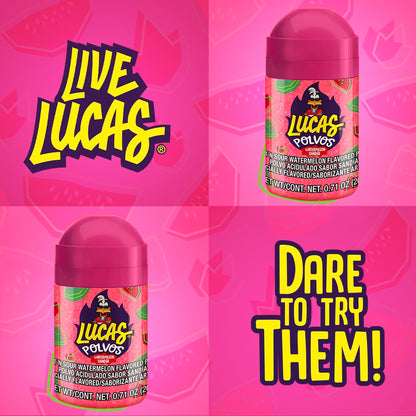 Lucas Powder Watermelon Flavored Candy – Portable Snack for Road Trips, Camping, and Park Picnics, 10 Pack of 0.71oz Bottles