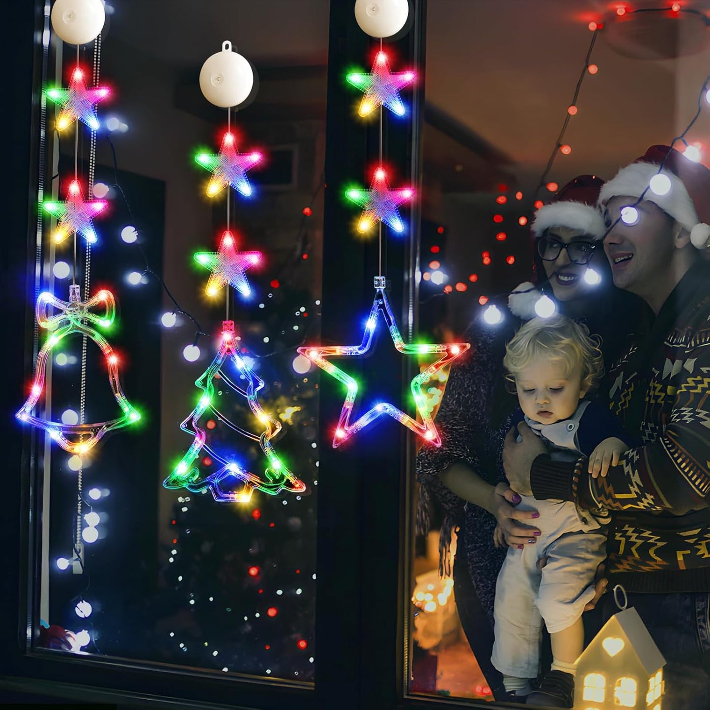 Lumalights Battery Powered Christmas Window Decor – 3-Piece Tree, Bell & Star LED Set for Bedroom Aesthetic