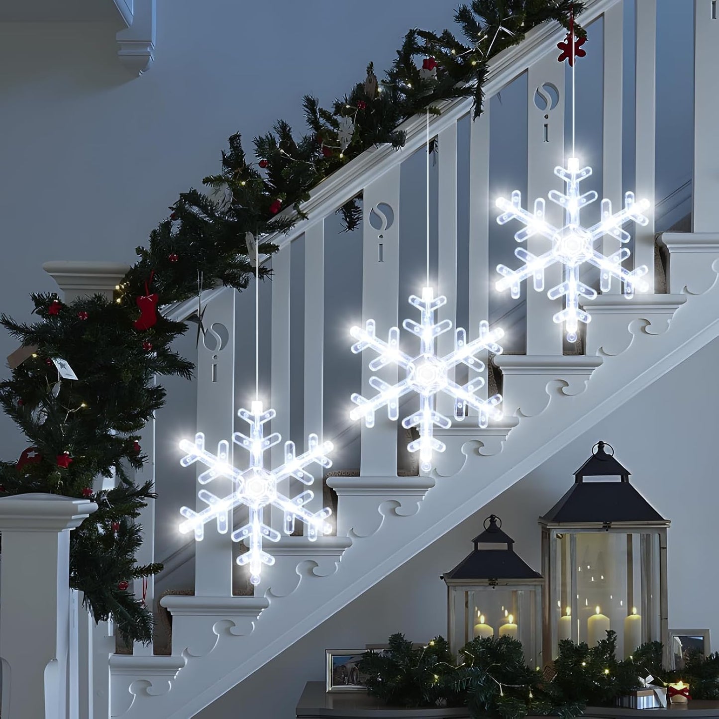 LuminGlow 3Pack Hanging Snowflake Lights – Fireplace Mantel & Window Accent for Holiday Home Styling