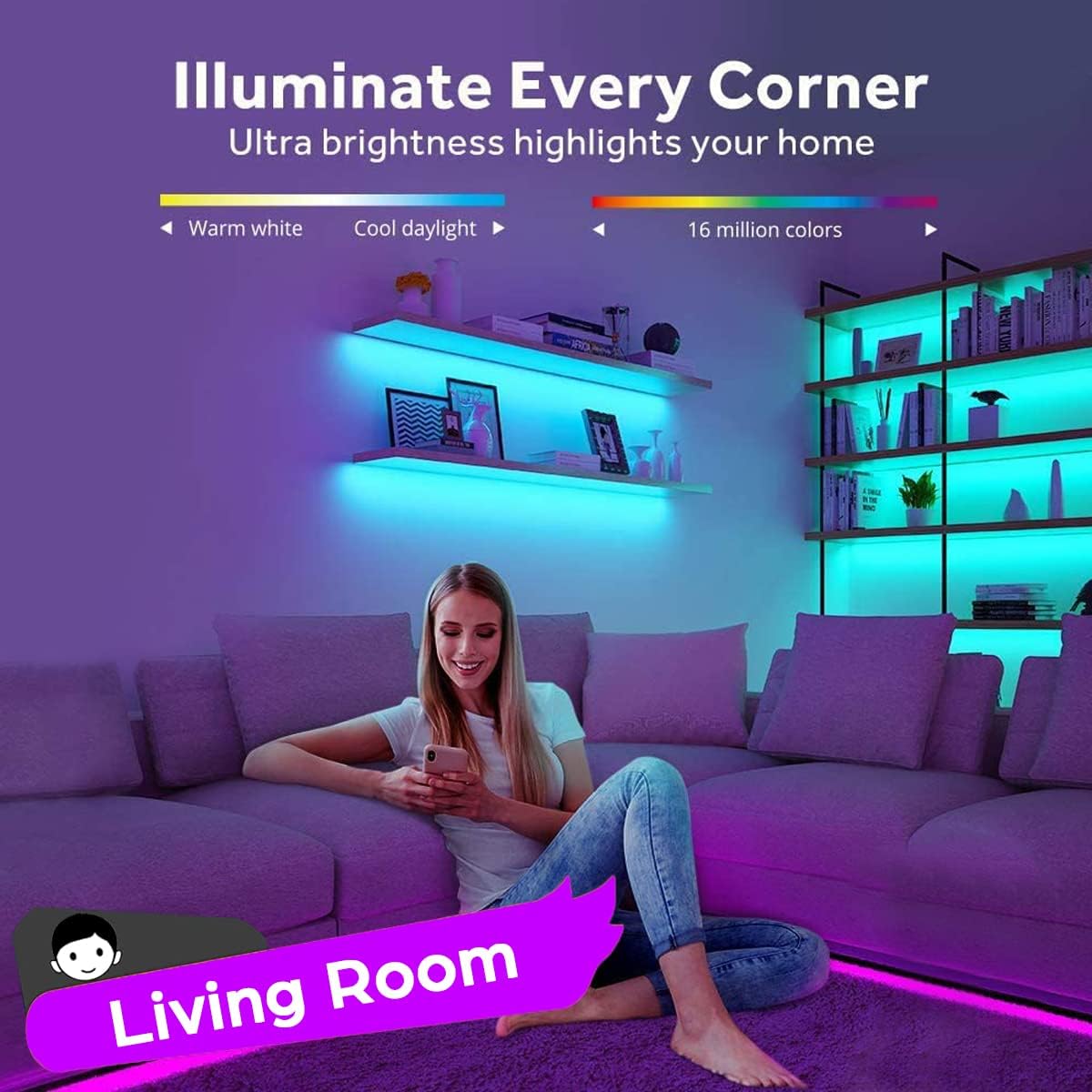LuminGlow Wireless RGB Strip Lights – Mood Lighting for Bookshelves, Display Niches, and Home Aesthetic