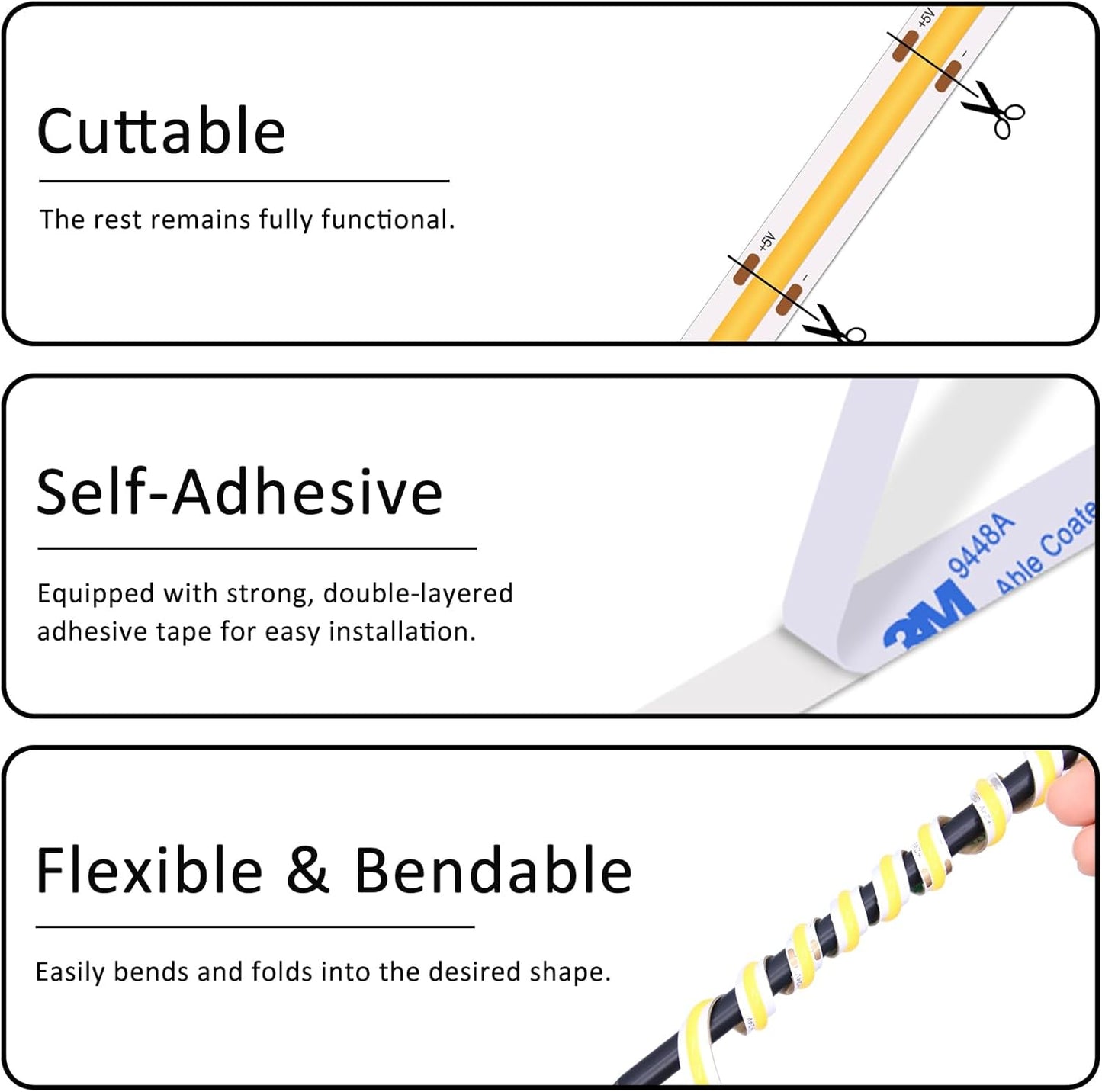 LuminStyle COB LED Strip Light – Cool-to-Touch 5V USB Lighting Safe for Kids, Pets, and Bedrooms