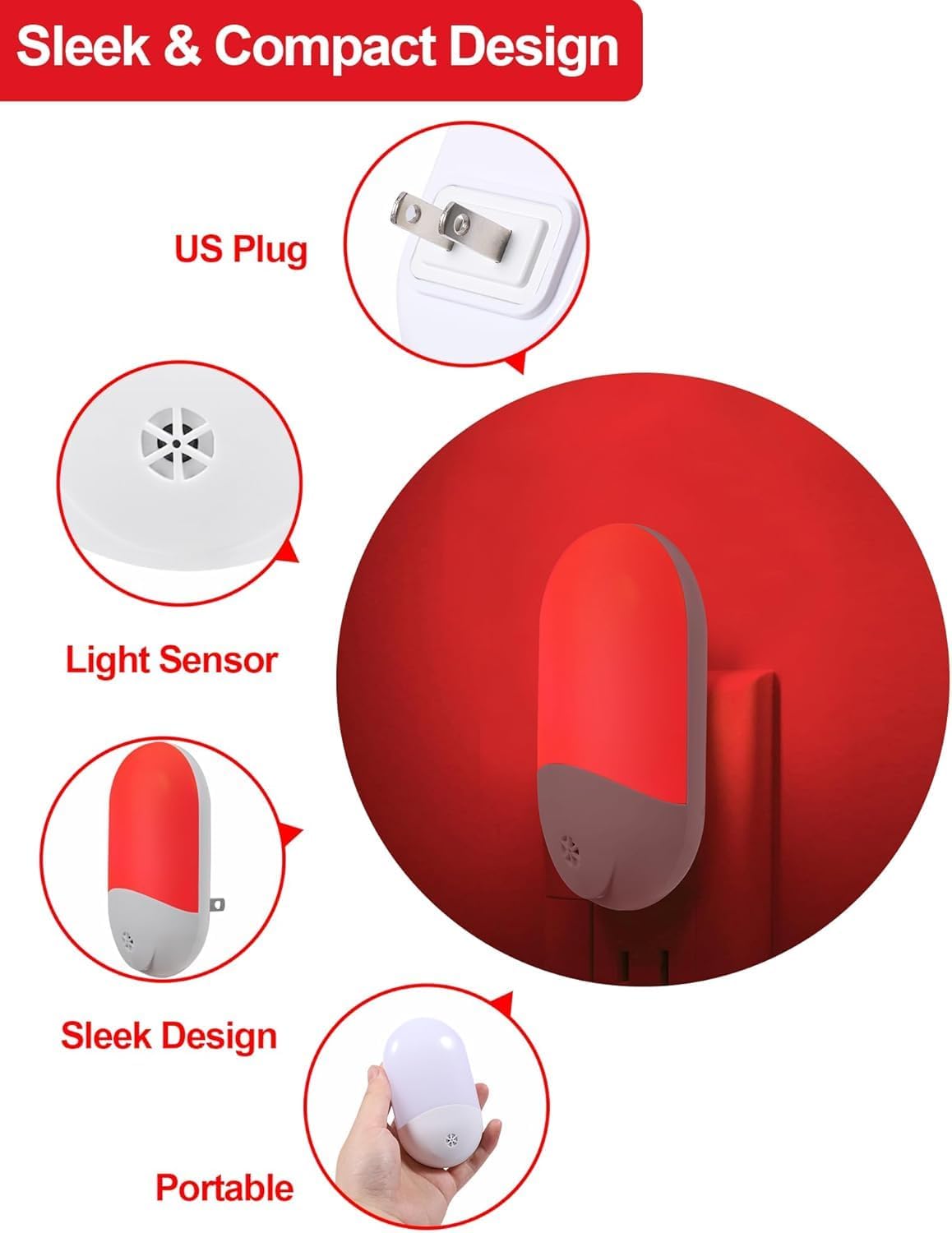 LumiRed Melatonin Safe Red Night Light for Bedroom and Meditation Room, Dusk to Dawn Auto Sensor