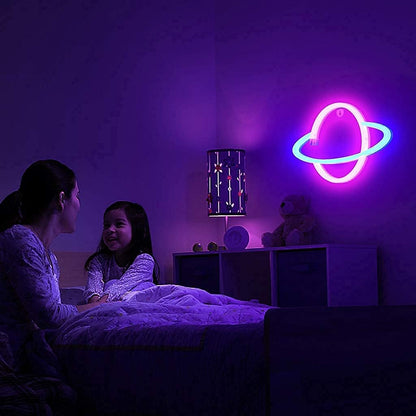 Lumoonosity Planet Neon Sign - Child Friendly LED Night Light for Kids Bedroom and Playroom, Cool Touch Saturn Wall Decor, USB Powered with On/Off Switch