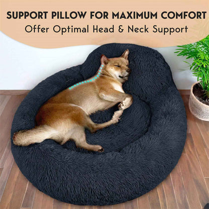 PetJett Calming Donut Dog Bed Medium – Faux Fur Round Pet Bed in Dark Grey, Modern Living Room & Bedroom Decor Accent