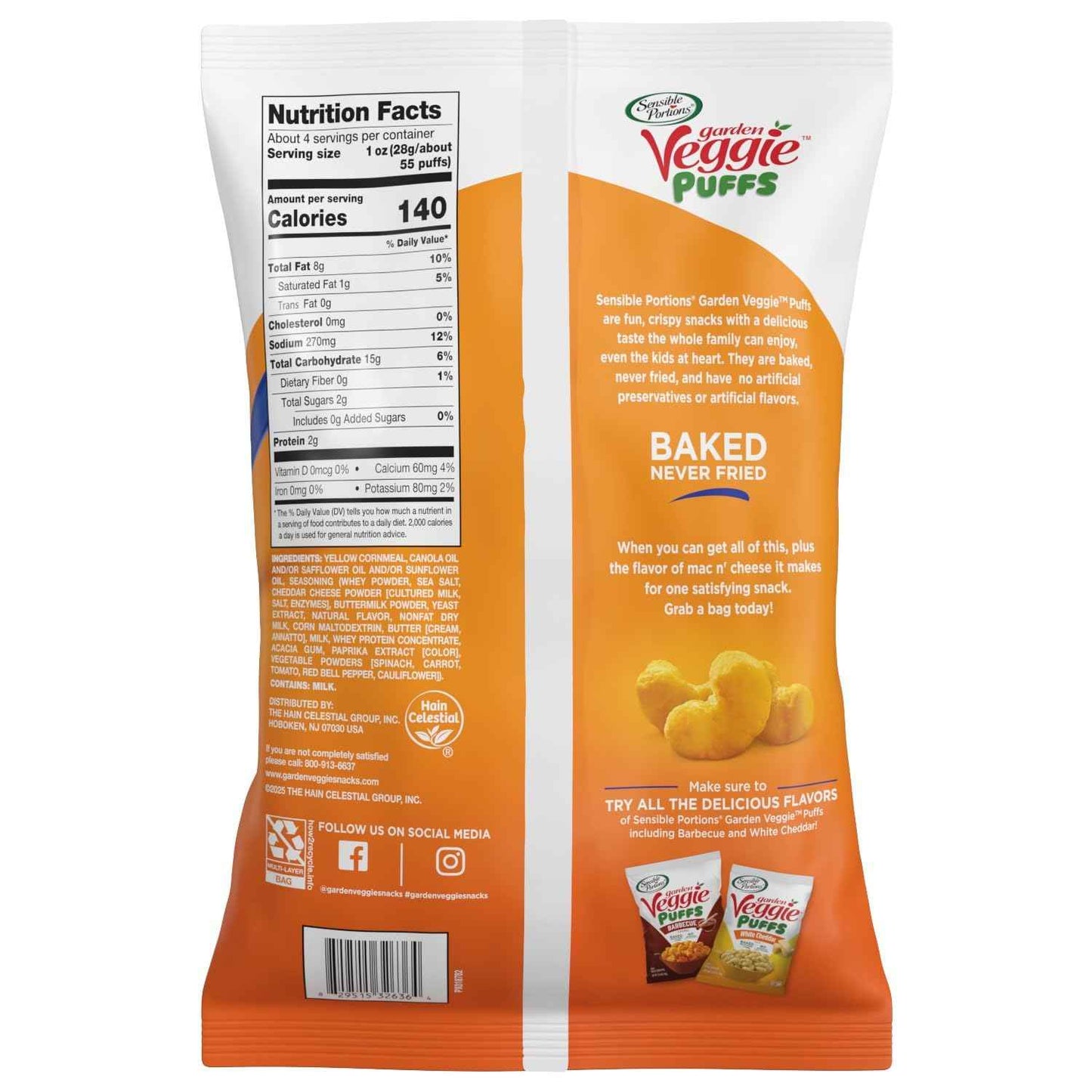 Sensible Portions Garden Veggie Mac & Cheese Puffs, 3.75 oz – Portable Picnic Snack, Gluten-Free and Mess-Free