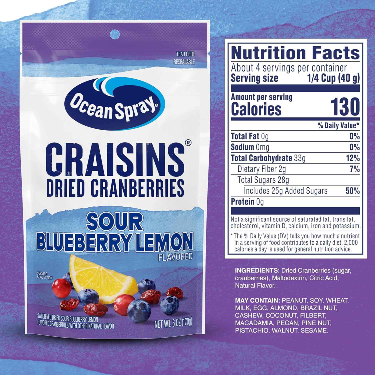 Ocean Spray Craisins Dried Cranberries, Portable Hiking and Trail Snack, 6oz Resealable Pouch