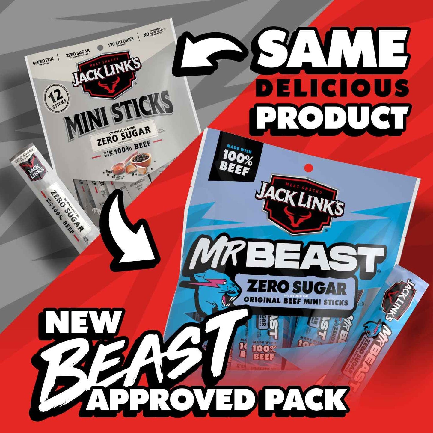 Jack Link's x MrBeast Zero Sugar Mini Beef Sticks – 6g Protein School Lunchbox Snack for Kids, 12 Individually Wrapped Sticks