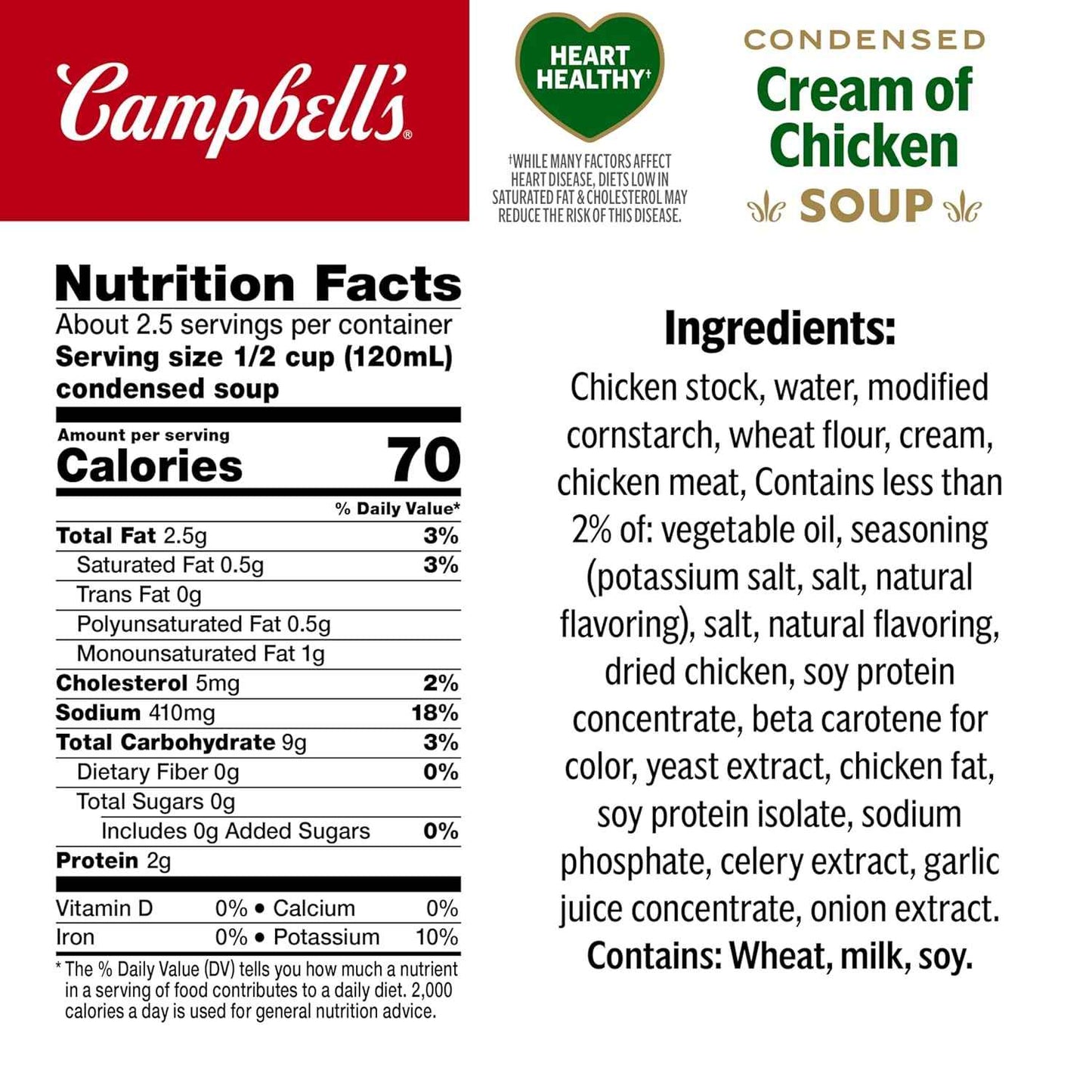 Campbell's Condensed Heart Healthy Cream of Chicken Soup, Bulk Heart Healthy Pantry Stock for Family of 5