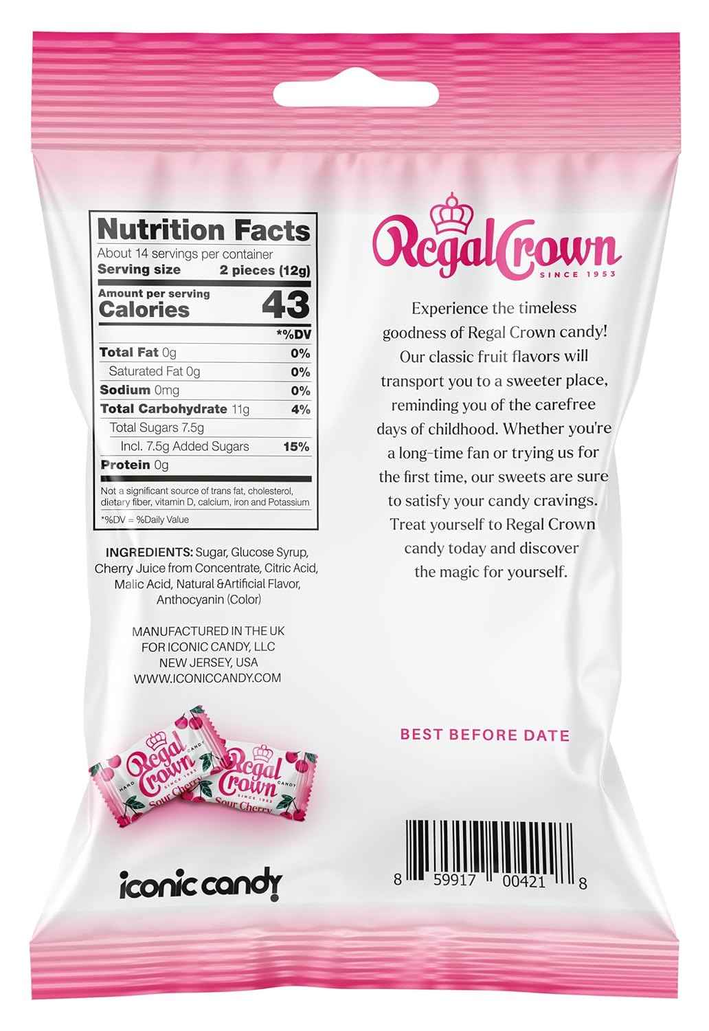 Regal Crown Sour Cherry Candy – Low-Calorie Mindful Snack, 15 Calorie Tart Cherry Treat for Self-Care Moments in Peg Bag