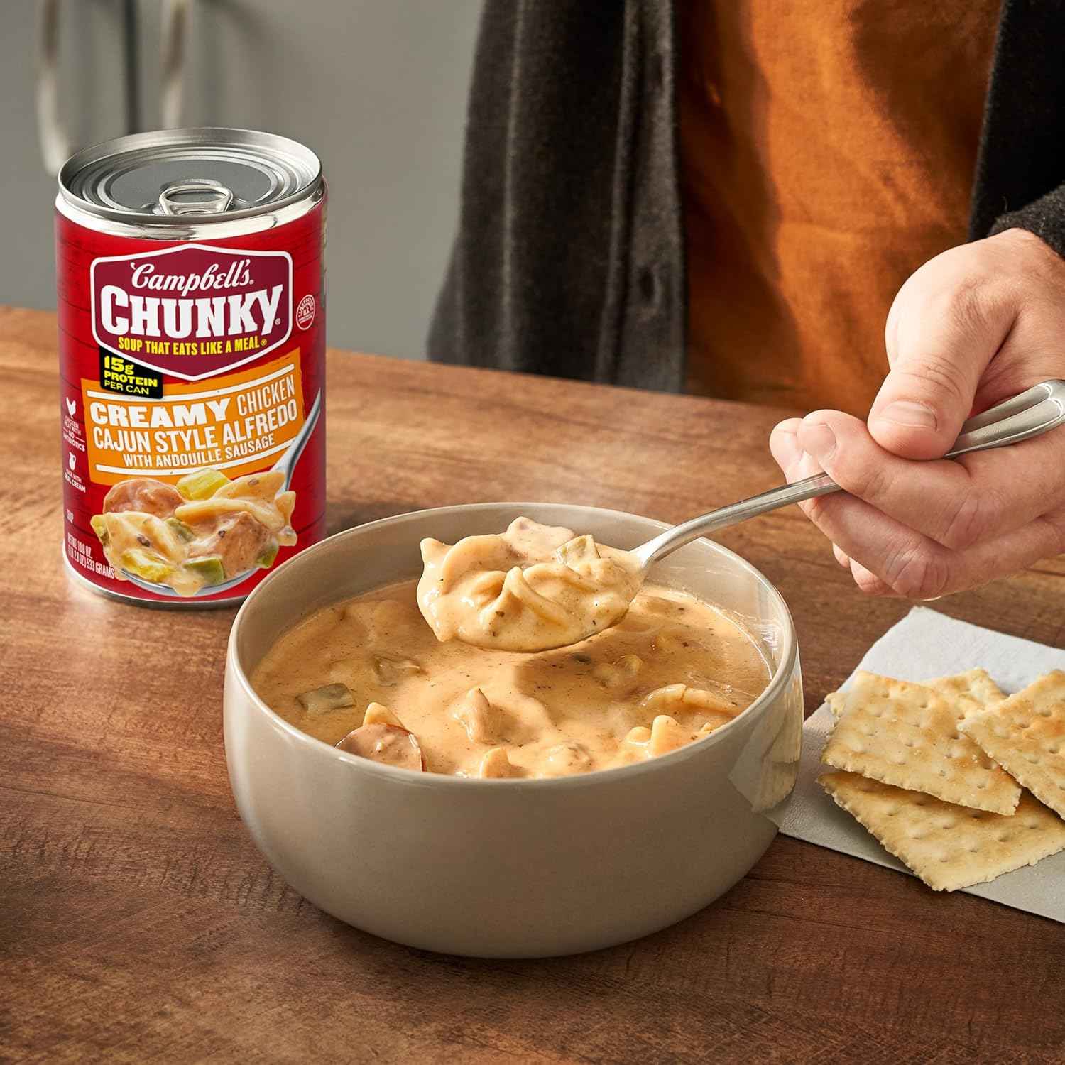 Campbell's Chunky Cajun Style Chicken Alfredo With Andouille Sausage – No-Refrigeration Backpacking & Cabin Meal, 18.8 oz Can