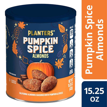 PLANTERS Fall Edition Pumpkin Spice Almonds 15.25 oz Resealable Canister – Portable Seasonal Snack for Camping Trips and Road Trips, Plant-Based Protein for Outdoor Adventures