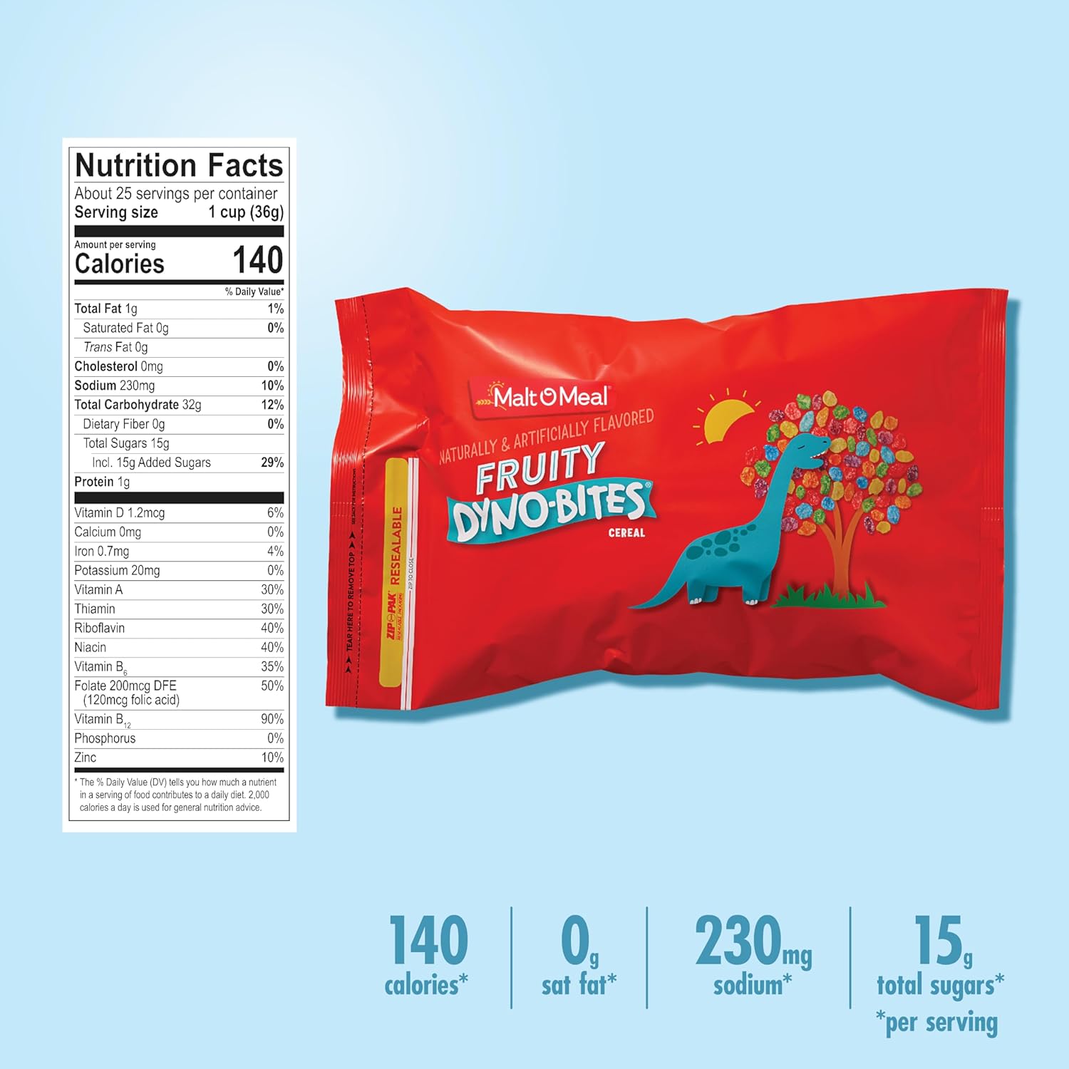 Malt-O-Meal Fruity Dyno Bites Cereal, Streamlined Gluten Free Pantry Cereal for Clutter Free Kitchens, 32 OZ Resealable Bag
