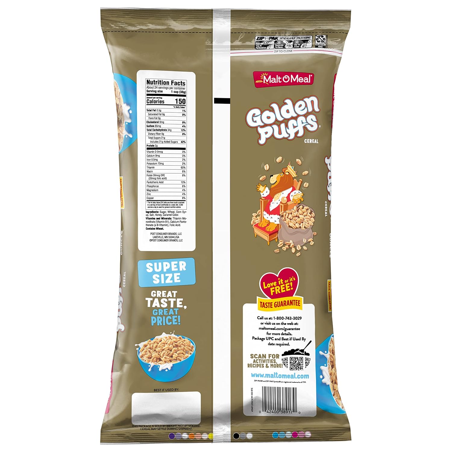 Malt-O-Meal Golden Puffs Sweetened Puffed Wheat Cereal – Simple Pantry Staple for Intentional Kitchens, 32 oz Resealable Bag
