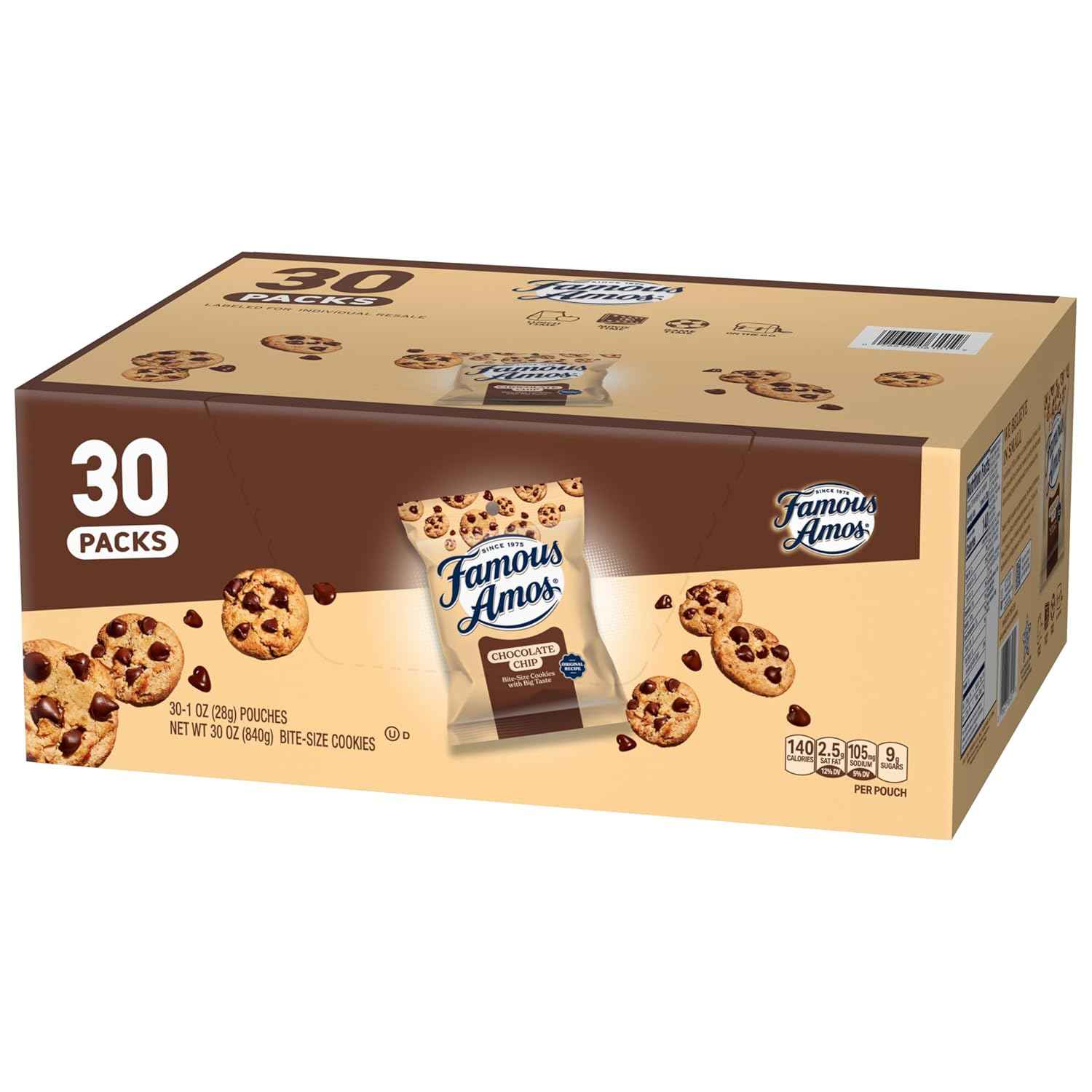 Famous Amos Original Recipe Chocolate Chip Bite-Size Cookies, 30-Count Individually Wrapped Snack Packs for School Lunchboxes
