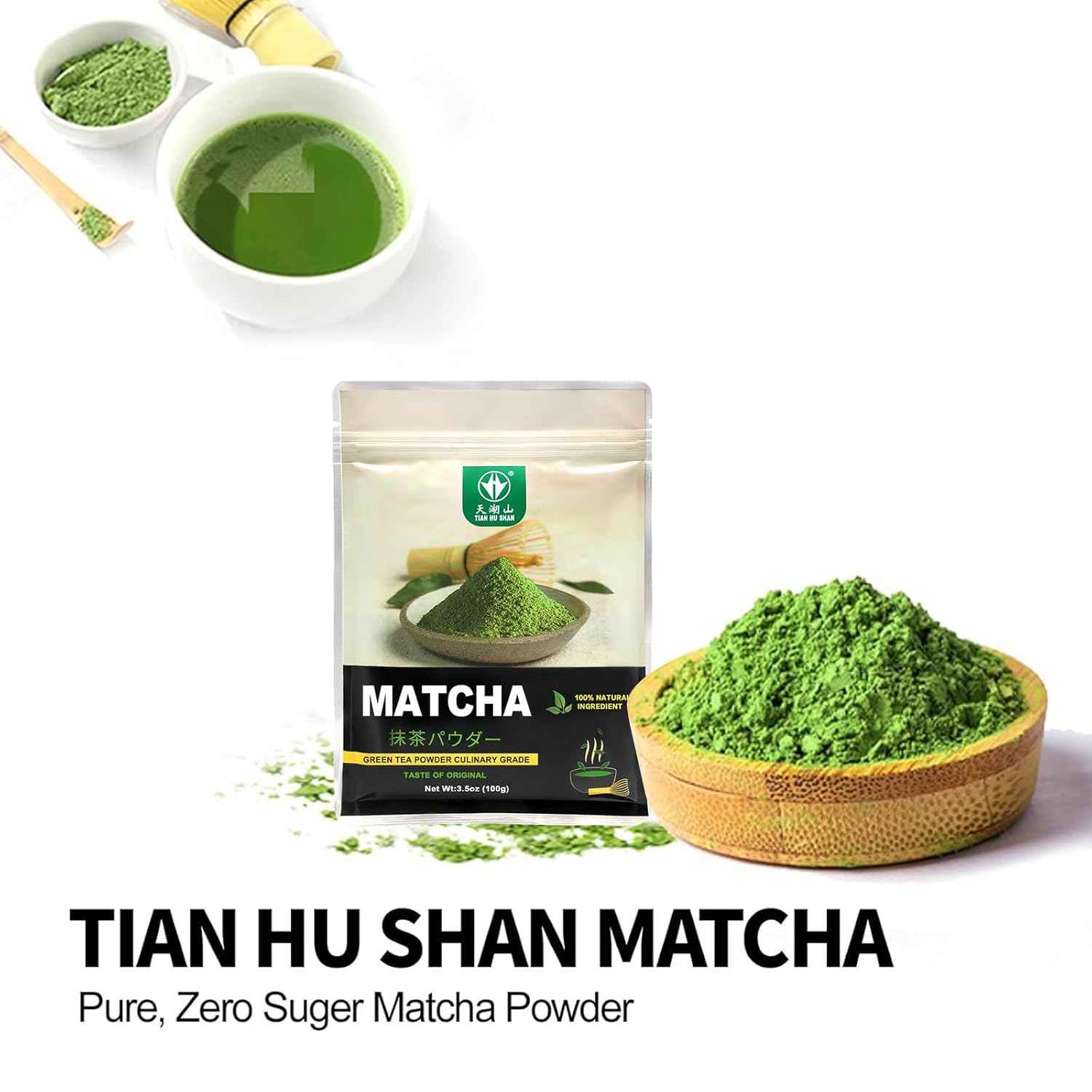 TIAN HU SHAN Pure Matcha Powder – Clean-Label Wellness Boost for Plant-Based Diets, Smooth Lattes and Replenishing Smoothies