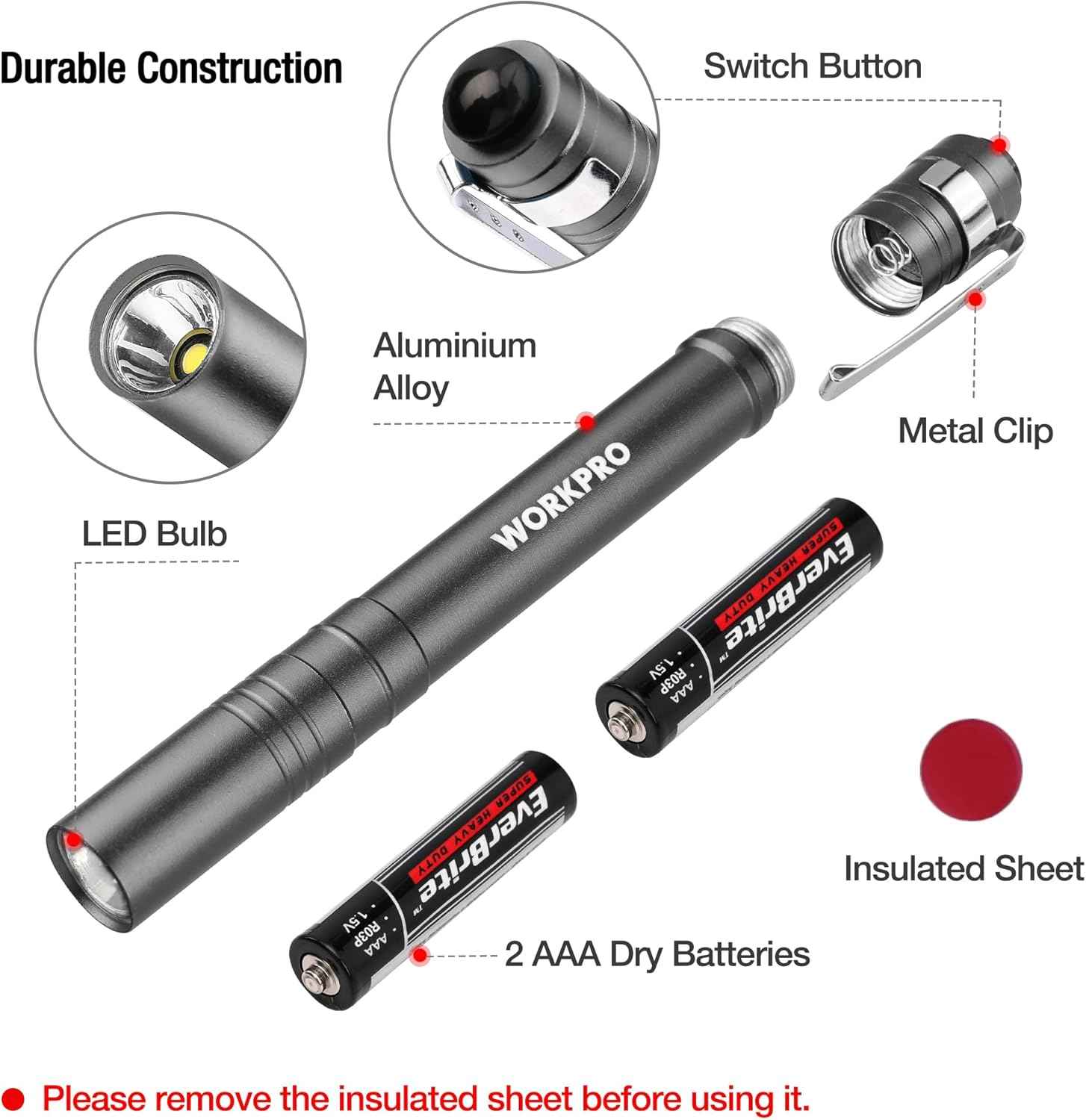 WORKPRO LED Pen Light – Anti-Accidental Activation Flashlight for Home Toolkits and Emergency Go-Bags