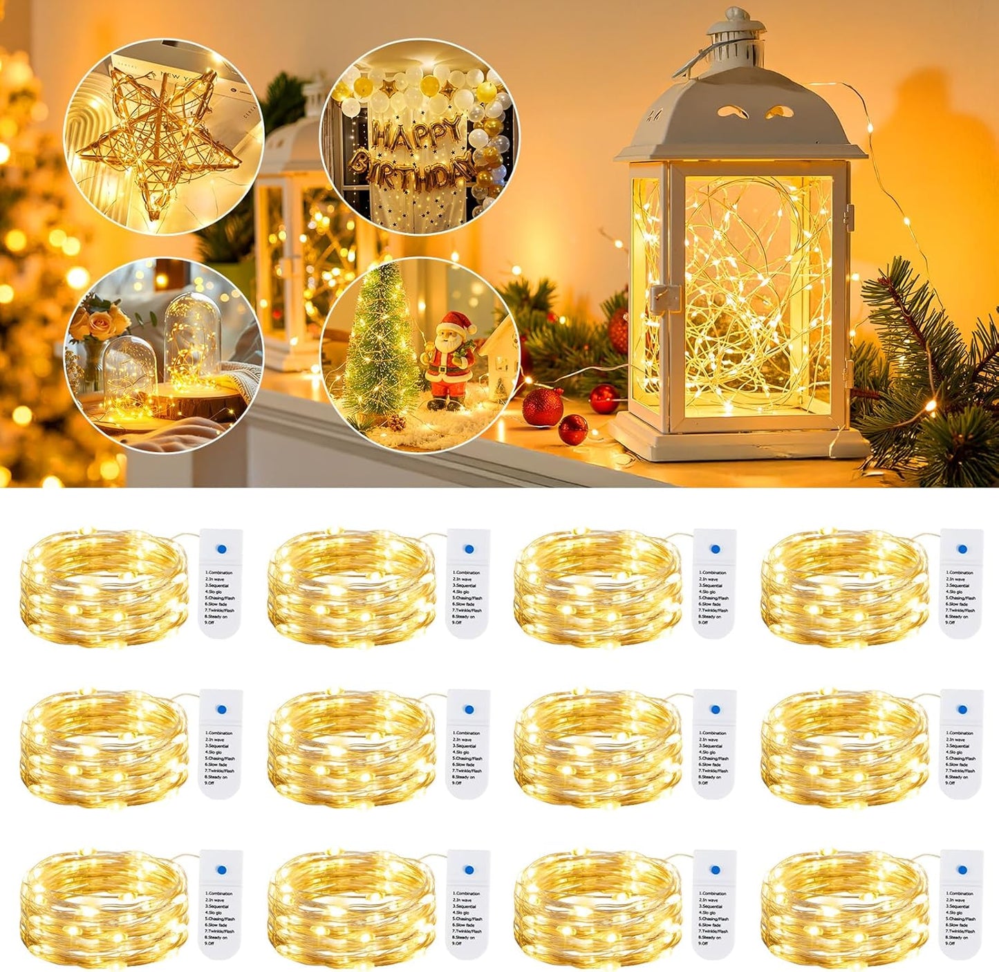 Minetom Fairy Lights 12 Pack – Child-Safe Nursery and Kids Bedroom Night Light, Cool-Touch Battery Operated LED String Lights with Timer