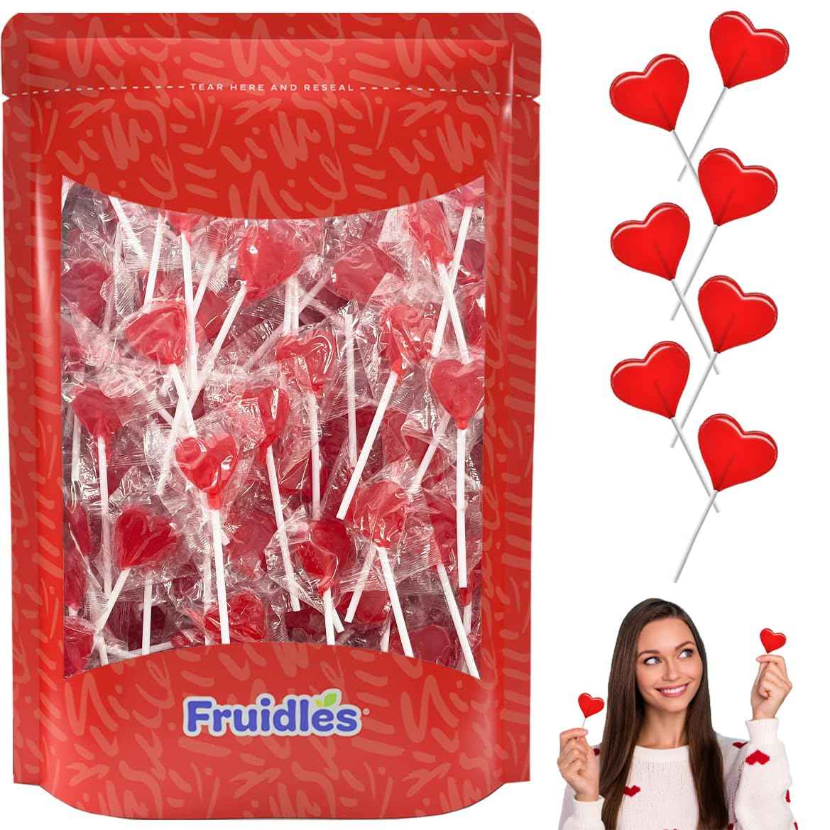 Fruidles Strawberry Heart Lollipops – Sweet Valentine's Day Gift for Her, Individually Wrapped Red Candy in Bulk