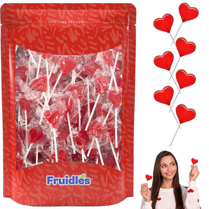 Fruidles Strawberry Heart Lollipops – Sweet Valentine's Day Gift for Her, Individually Wrapped Red Candy in Bulk