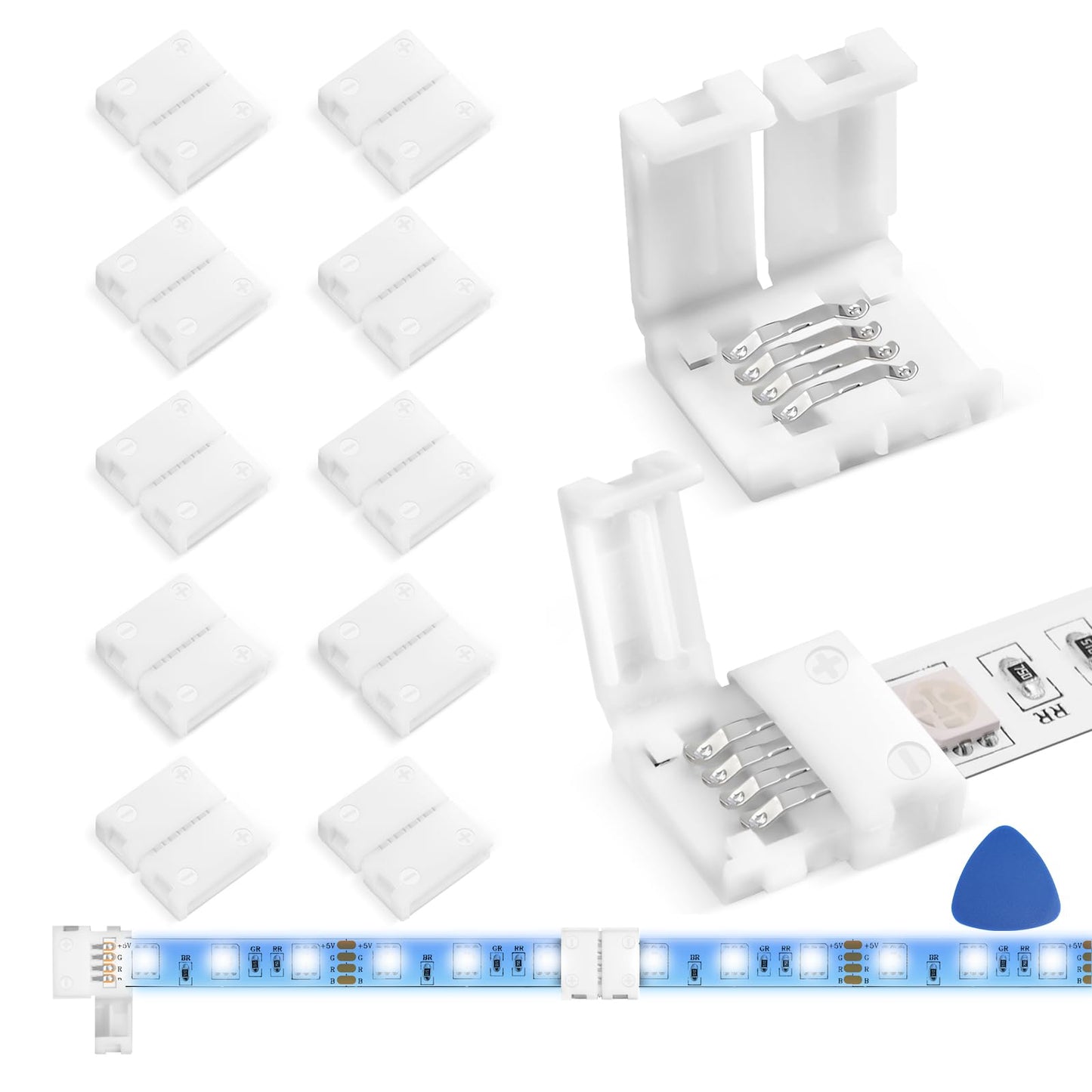 MISSOURI 10-Pack LED Strip Connectors – Practical DIY Gift for Him, Solderless 4-Pin L-Shape Adapters for RGB Home Lighting Projects