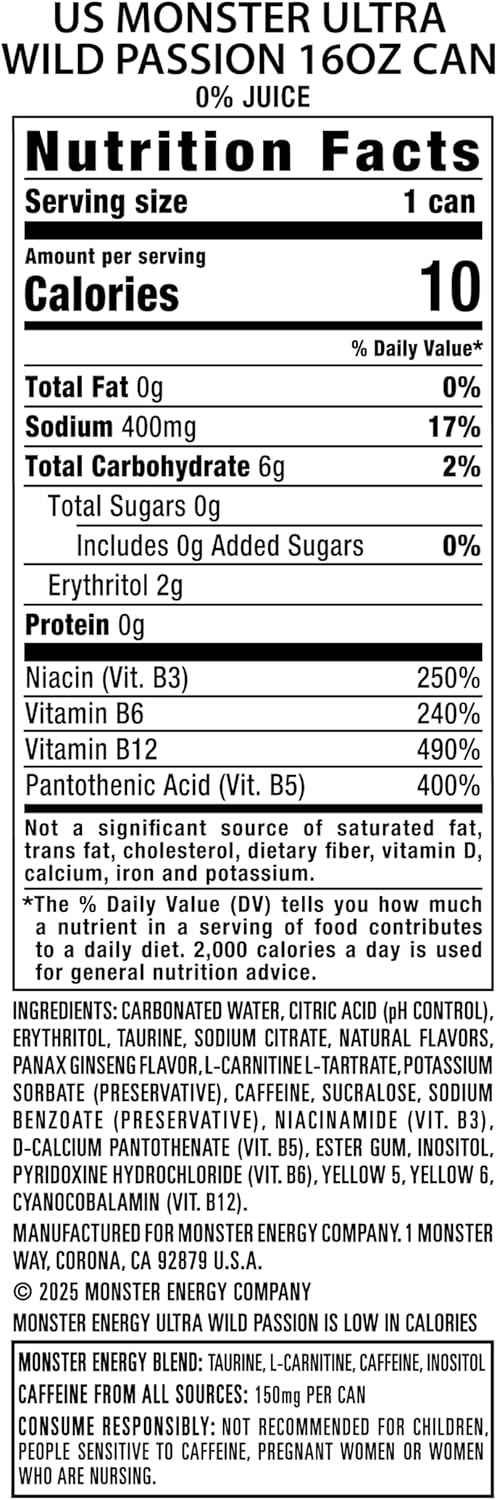 Monster Energy Ultra Wild Passion – Zero Sugar 10 Calorie Energy Drink for Pre-Workout Fuel and Clean Fitness Routines
