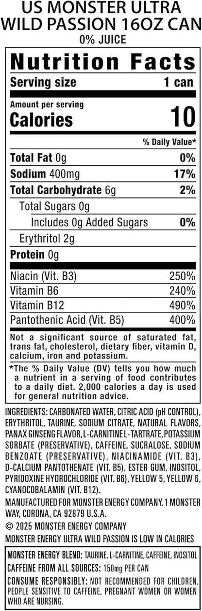 Monster Energy Ultra Wild Passion – Zero Sugar 10 Calorie Energy Drink for Pre-Workout Fuel and Clean Fitness Routines