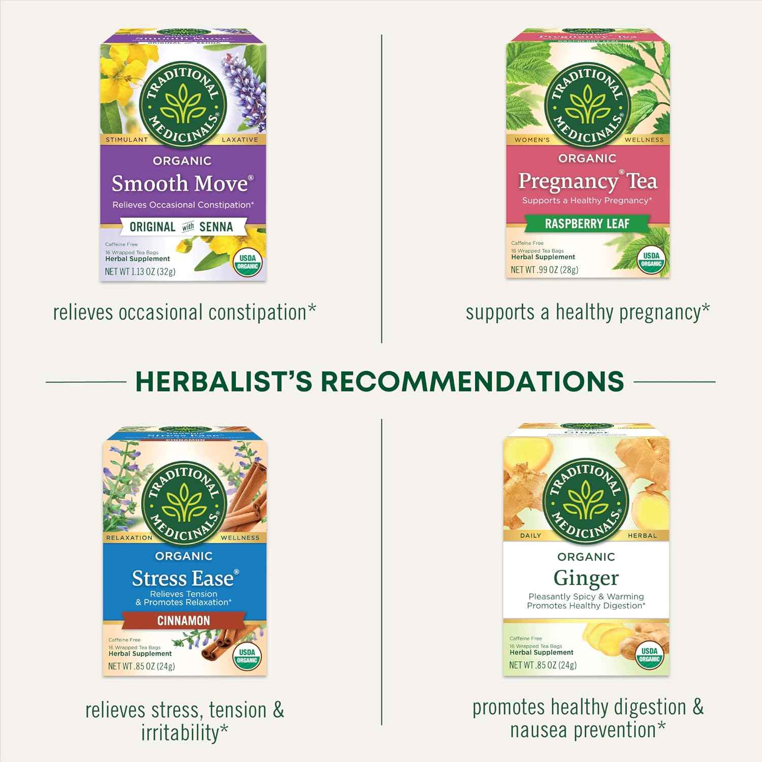 Traditional Medicinals Organic Raspberry Leaf Herbal Tea – Calming Bedtime Brew for Cycle Support and PMS Comfort, 16 Tea Bags