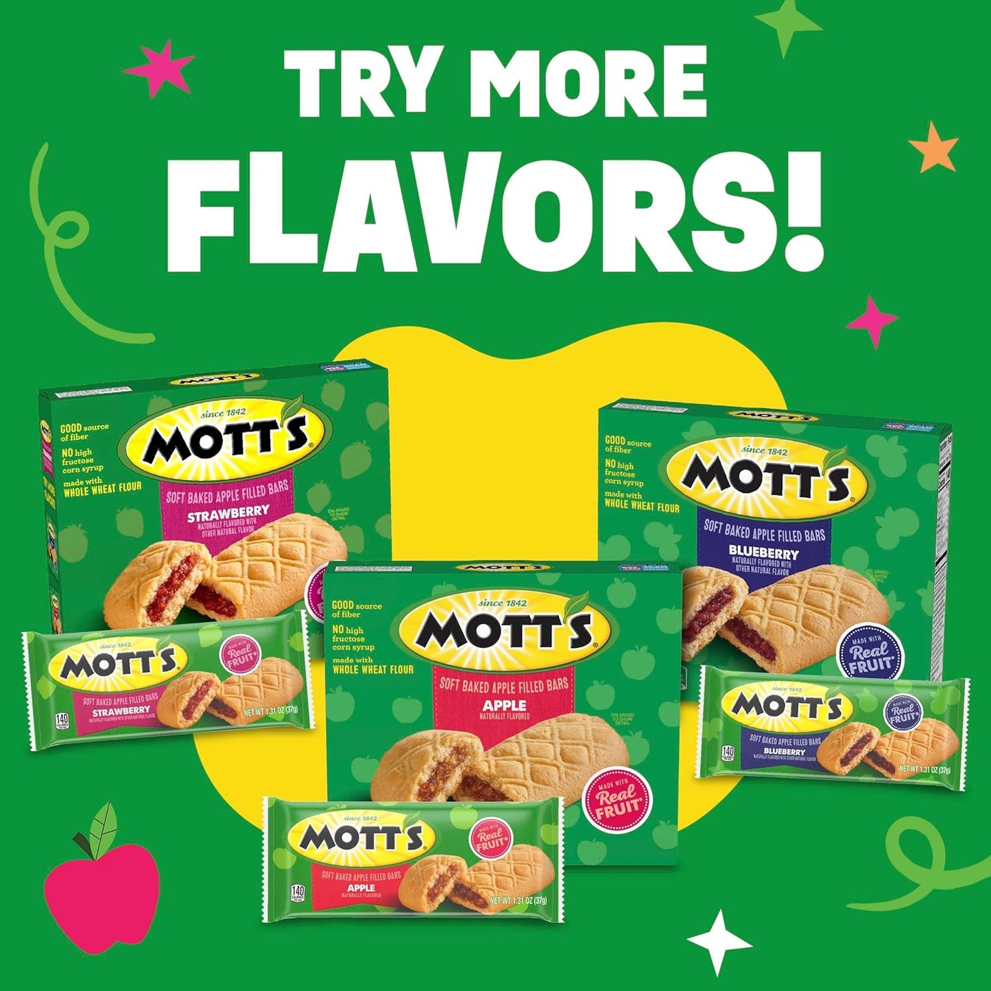 Mott's Soft Baked Apple Filled Bars – Individually Portioned Office Snack for Workdays, 5 Ct Box