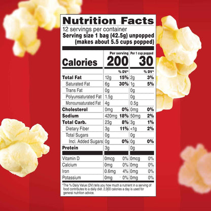 Orville Redenbacher's Movie Theater Butter Microwave Popcorn Mini Bags – Office Break Room Snack for Remote Workers, 1.5 oz Each, 12-Count