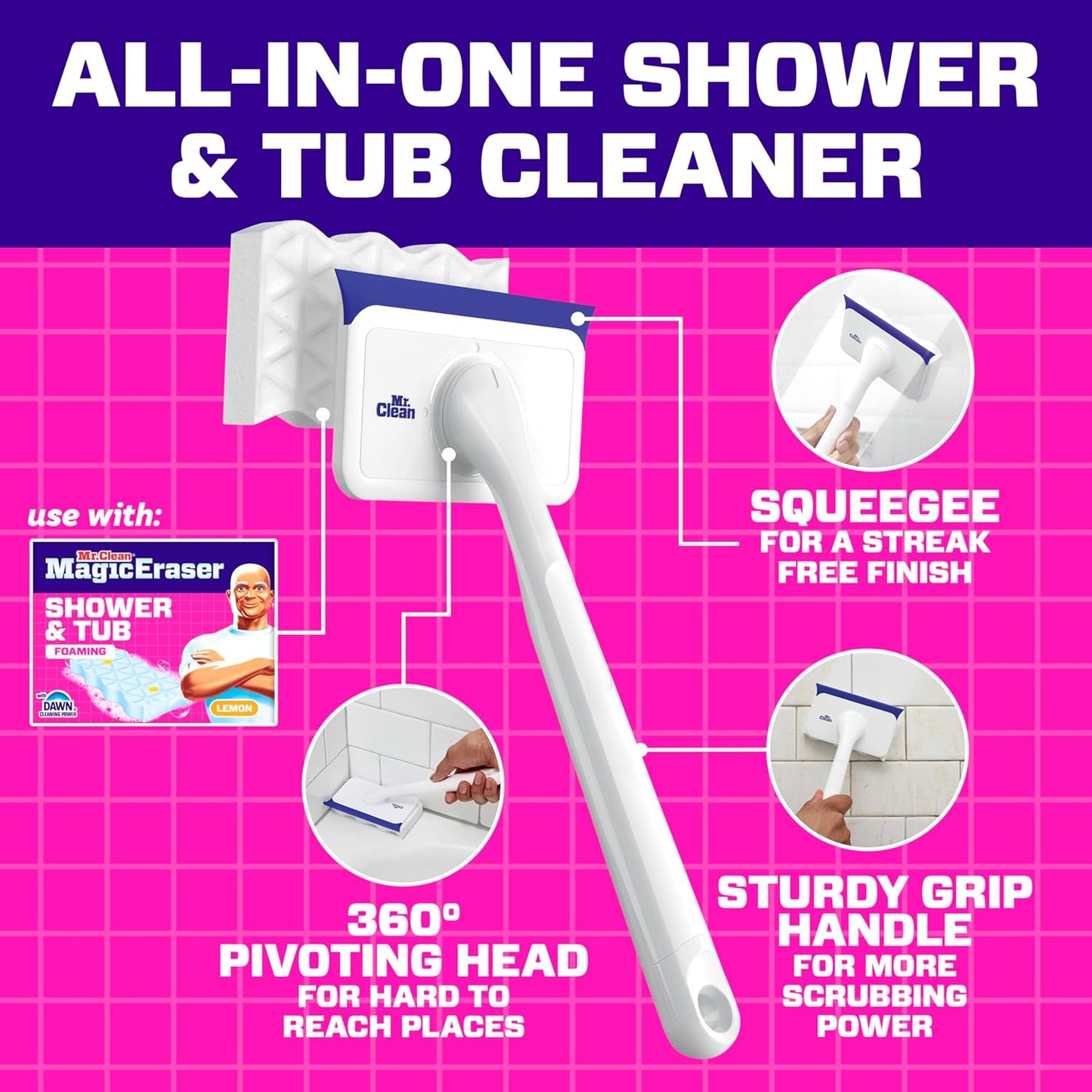 Mr. Clean Magic Eraser Shower & Tub Scrubber, One Tool Replaces Sprays Sponges and Squeegees for an Uncluttered Bathroom