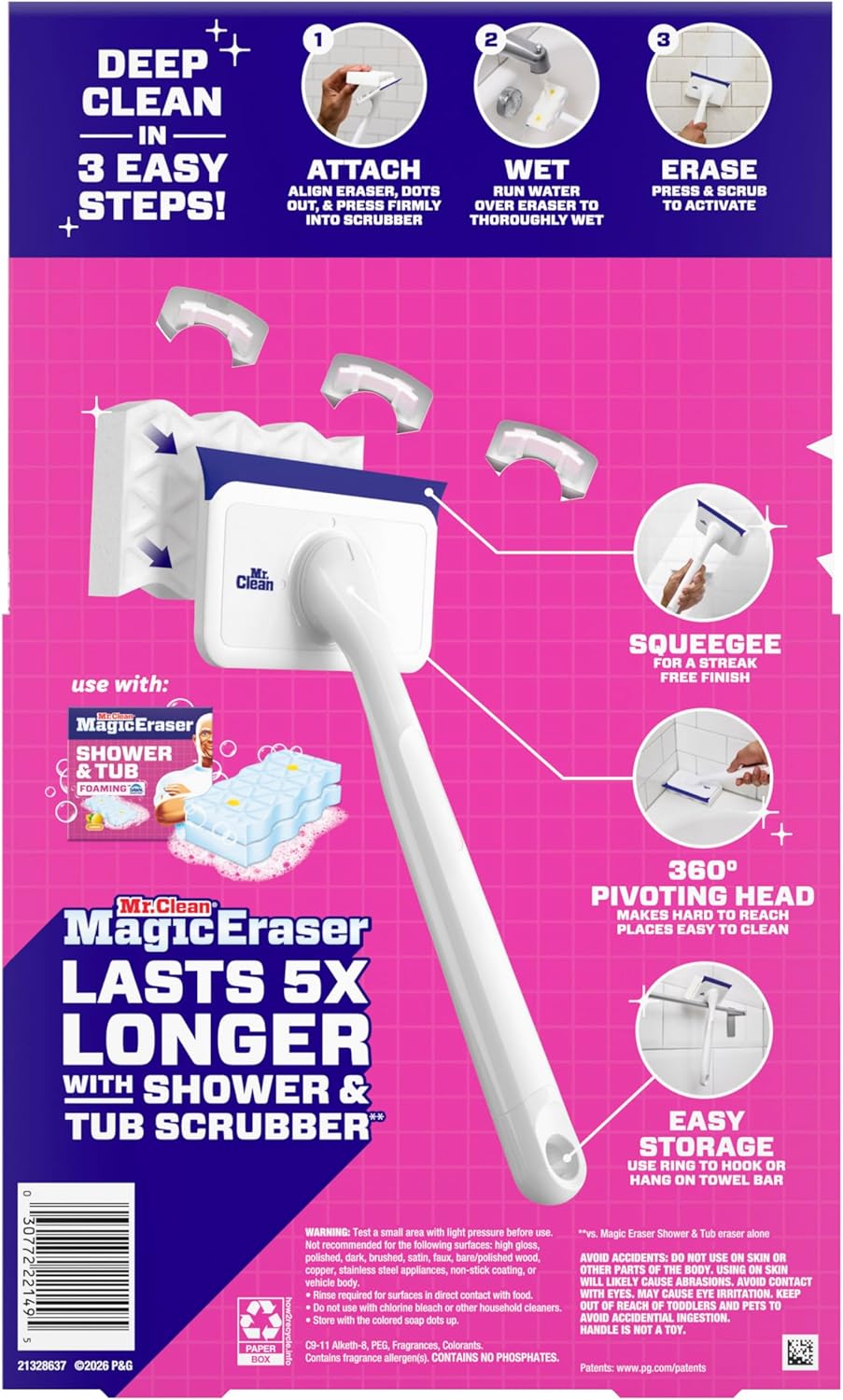 Mr. Clean Magic Eraser Shower & Tub Scrubber, One Tool Replaces Sprays Sponges and Squeegees for an Uncluttered Bathroom