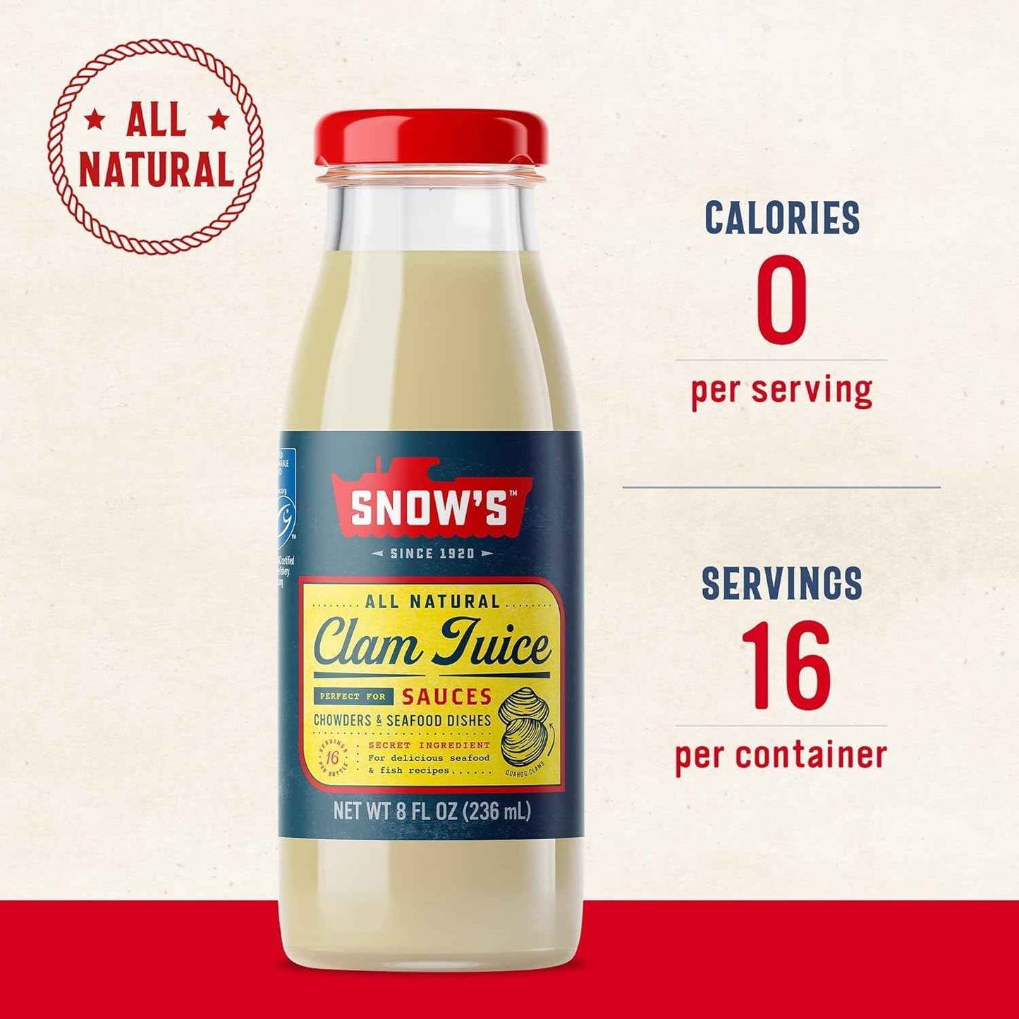 Snow's All Natural Clam Juice, 8 fl oz Bottle - Single-Ingredient Pantry Staple for Uncluttered Kitchens