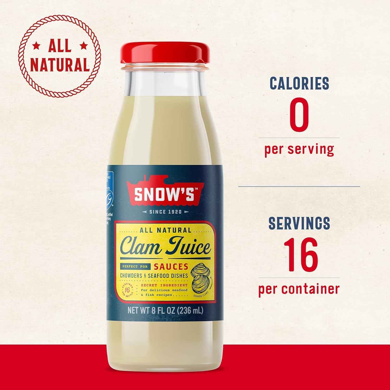 Snow's All Natural Clam Juice, 8 fl oz Bottle - Single-Ingredient Pantry Staple for Uncluttered Kitchens
