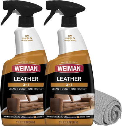 Weiman Leather Cleaner & Conditioner - 2 Pack for Jeep Seats, Truck Interiors & Outdoor Patio Cushions, UVX-15 Sun Protection