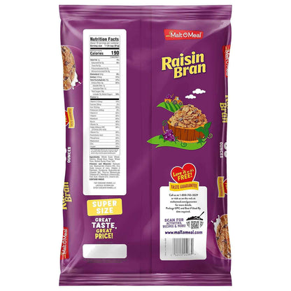 Malt-O-Meal Raisin Bran Cereal – Quick Whole Grain Breakfast for Busy Workdays, 39 OZ Resealable Pantry Bag