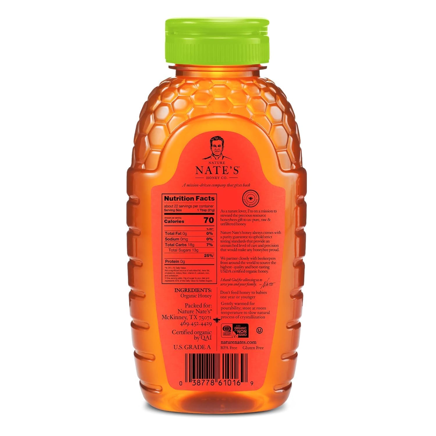 Nate's Organic Pure Honey – Minimalist Kitchen Pantry Staple, Clean-Label Sweetener for Coffee and Baking
