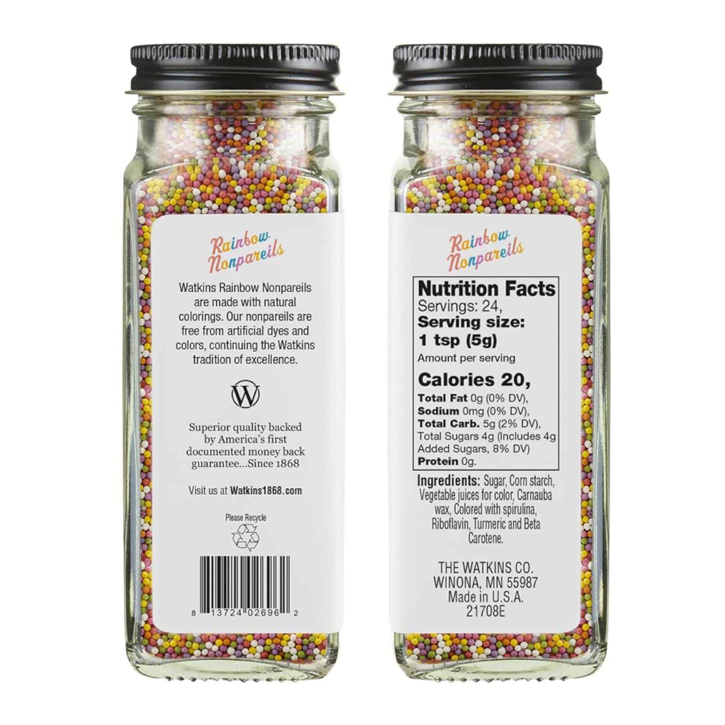 Watkins Gourmet Rainbow Nonpareils Sprinkles – Single Glass Jar of Naturally Colored Topping for Intentional Home Baking