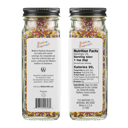 Watkins Gourmet Rainbow Nonpareils Sprinkles – Single Glass Jar of Naturally Colored Topping for Intentional Home Baking