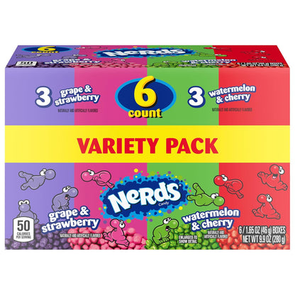 NERDS Dual Variety Pack – Road Trip Snack for the Car, Crunchy Grape Strawberry Watermelon Cherry Boxes, 6 Count 9.9 oz