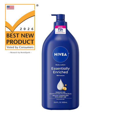 NIVEA Essentially Enriched Body Lotion for Very Dry Skin with Hyaluronic Acid and Almond Oil, 72-Hour Hydration for a Calming Nightly Self-Care Ritual, 33.8 Fl Oz Pump Bottle